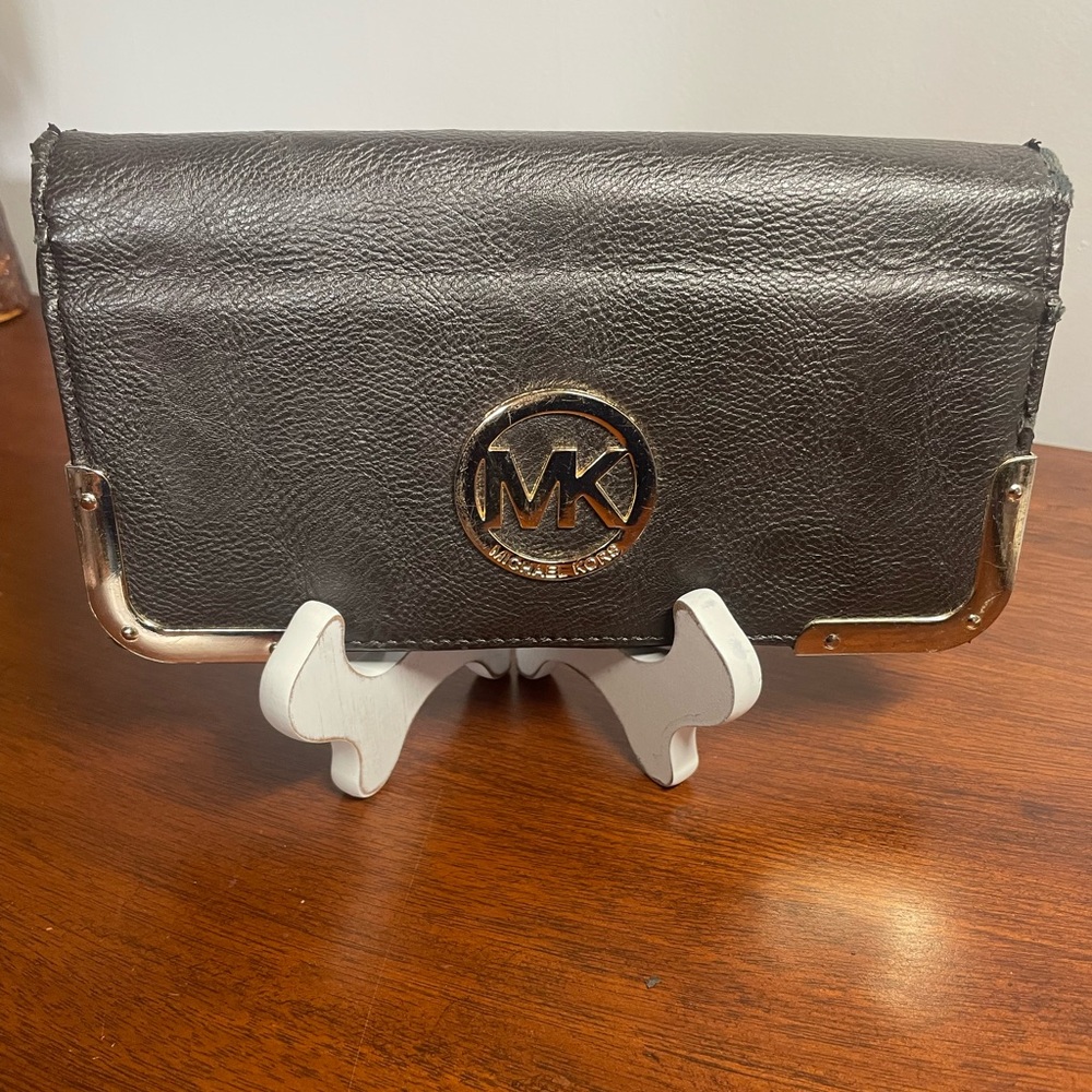 Michael Kors Black Leather Clutch with Gold Accents